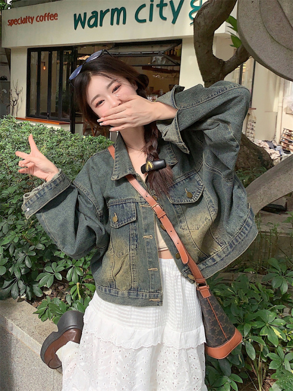 Autumn retro short denim jacket with high-end back tie loose jacket top