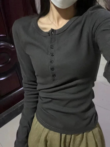 40 pieces O'Dell simple half-open collar slim slim long-sleeved T-shirt women's button-down design right shoulder top