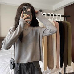 Bottoming shirt for women, autumn new loose thin gray sweater, long-sleeved short sweater top, trendy