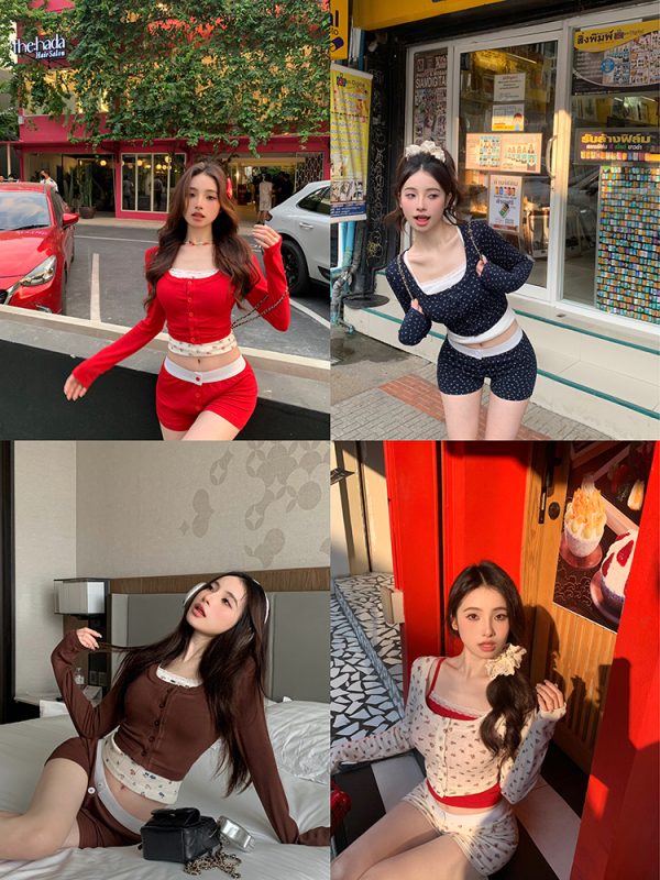 Floral knitted cardigan with lace straps slimming shorts suit for women