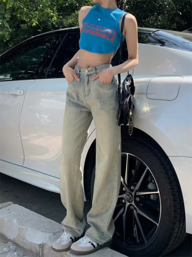 Light-colored retro high-waisted jeans, casual pants, women's autumn American wide-leg pants, straight-leg pants, drapey floor-length long pants