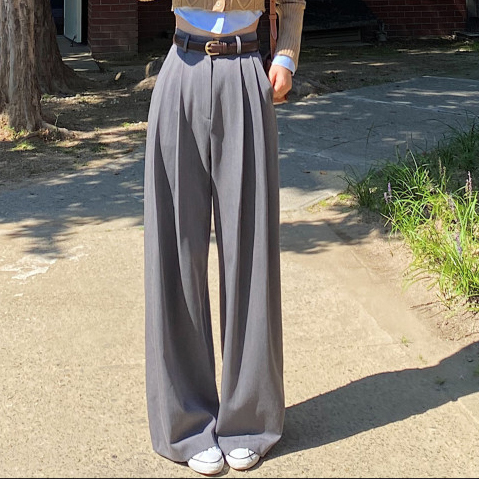 The size has been updated. Niche high-waist slimming pleated floor-length casual straight wide-leg suit pants in 5 colors