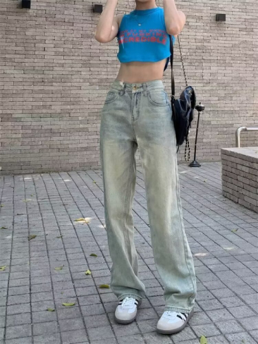 Light-colored retro high-waisted jeans, casual pants, women's autumn American wide-leg pants, straight-leg pants, drapey floor-length long pants