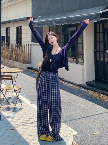 Retro plaid casual trousers, loose and lazy style suspender shawl three-piece set straight design floor-length trousers