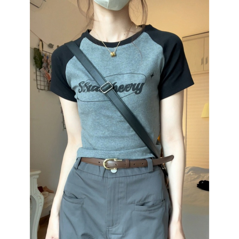 High quality pure cotton hot girl color block raglan short sleeve top