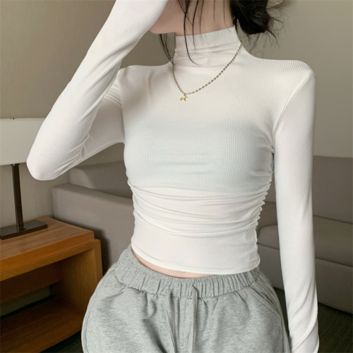 Korean style half turtleneck pleated short slim fit T-shirt top