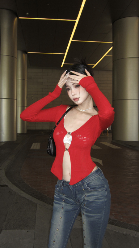 Lazy pure desire solid color V-neck slim fit hollow knitted outer thin cardigan top