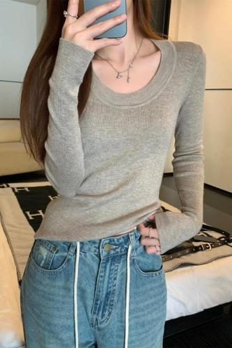 Autumn Korean version slimming u-neck temperament slimming 6 wool versatile sweater long-sleeved bottoming top