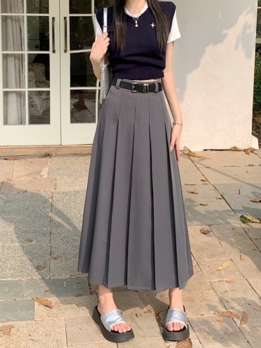 New gray high-waisted pleated skirt, mid-length A-line crotch-covering umbrella skirt with stylish design