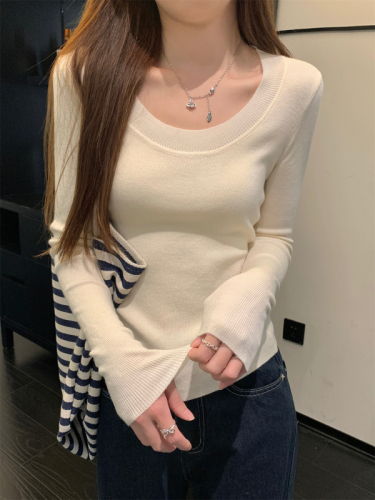 Autumn Korean version slimming u-neck temperament slimming 6 wool versatile sweater long-sleeved bottoming top