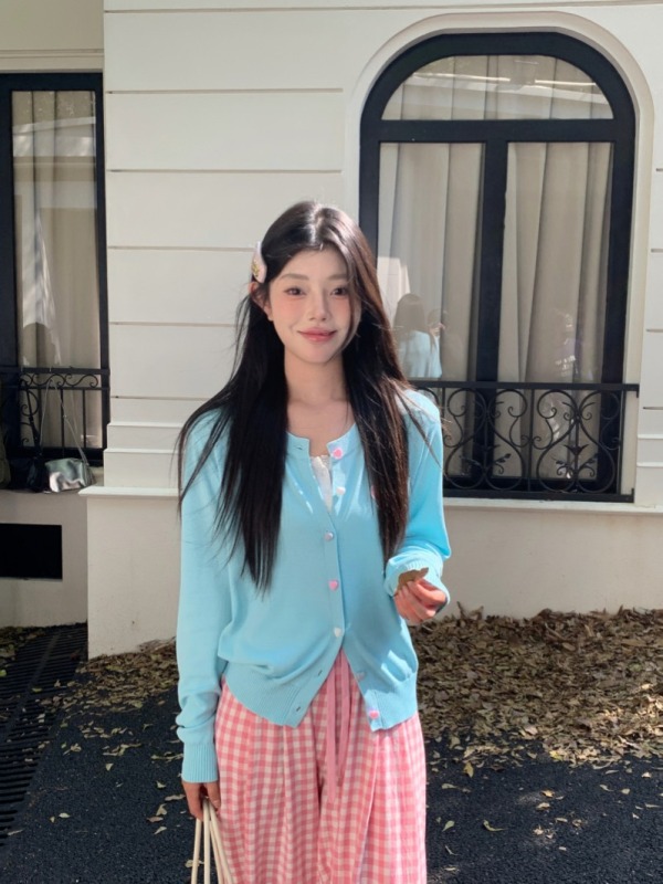 Korean style light blue long-sleeved knitted cardigan top autumn slim wool sweater + wide-leg pants