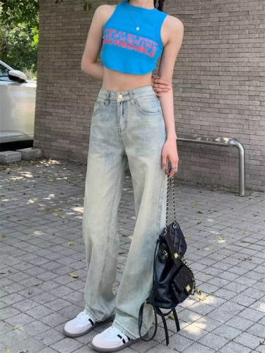 Light-colored retro high-waisted jeans, casual pants, women's autumn American wide-leg pants, straight-leg pants, drapey floor-length long pants