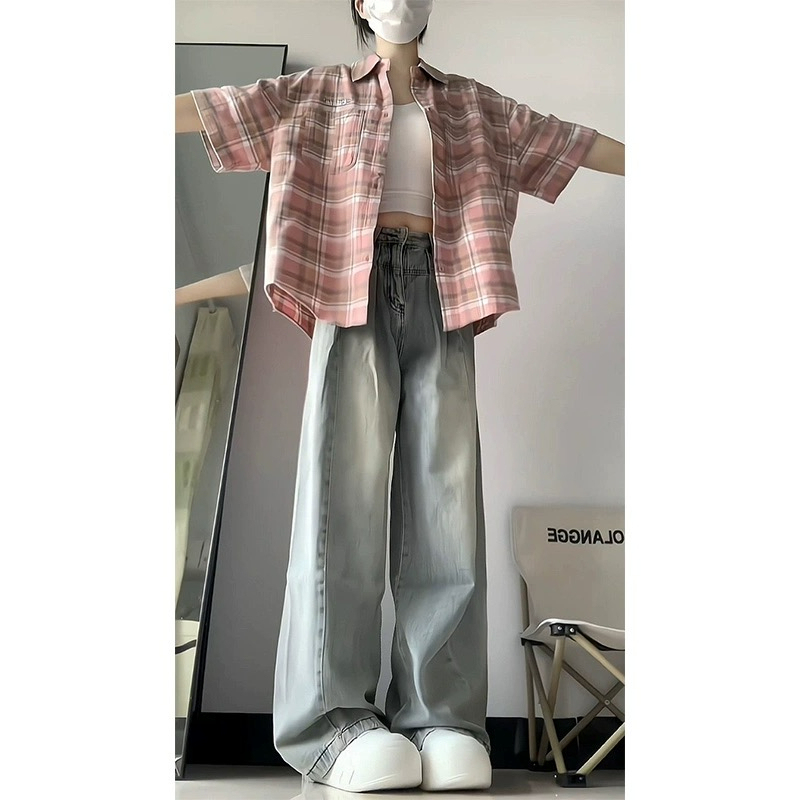 Retro high-waist pleated loose jeans for women 2024 new design niche straight wide-leg long pants
