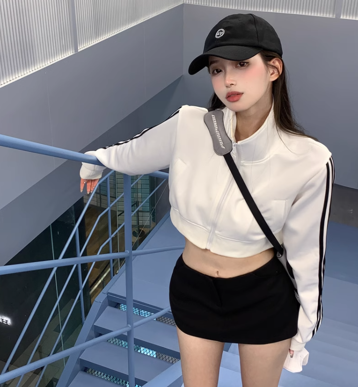 American Retro Striped Short Sports Sweatshirt Women's Fall Waist Slim Stand Collar College Style Zipper Jacket