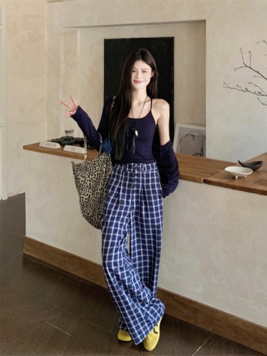 Retro plaid casual trousers, loose and lazy style suspender shawl three-piece set straight design floor-length trousers