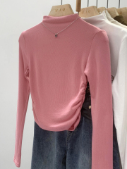 Picture of Hot Girl Slim Half Turtle Collar Short Pleated T-shirt Women's New Autumn New Small Fashionable Senior Top