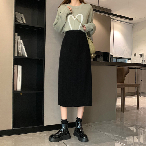 New autumn and winter loose and versatile solid color A-line skirt for small people, mid-length slit skirt