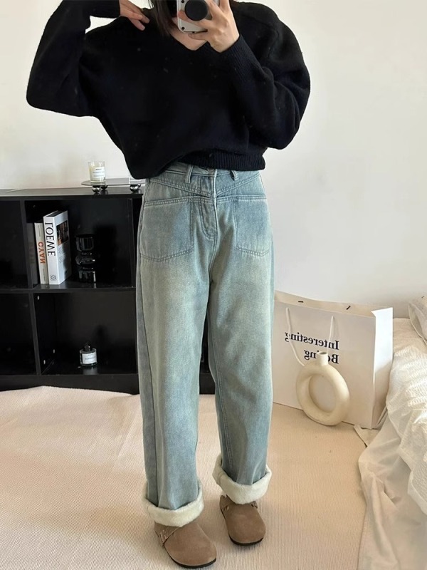 Light blue high-waisted jeans for fat mm women plus size spring, spring and autumn pear-shaped body slimming loose straight wide-leg pants
