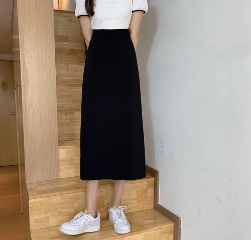 Korean style high-waisted slimming mid-length versatile A-line skirt with hip-covering skirt for women