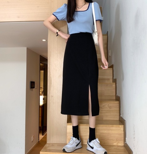 Korean style high-waisted slimming mid-length versatile A-line skirt with hip-covering skirt for women