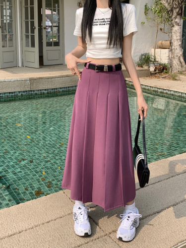 New gray high-waisted pleated skirt, mid-length A-line crotch-covering umbrella skirt with stylish design