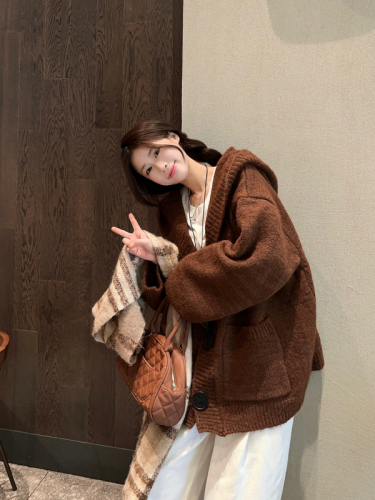 Korean Dongdaemun lazy style hooded knitted cardigan sweater jacket autumn and winter new style