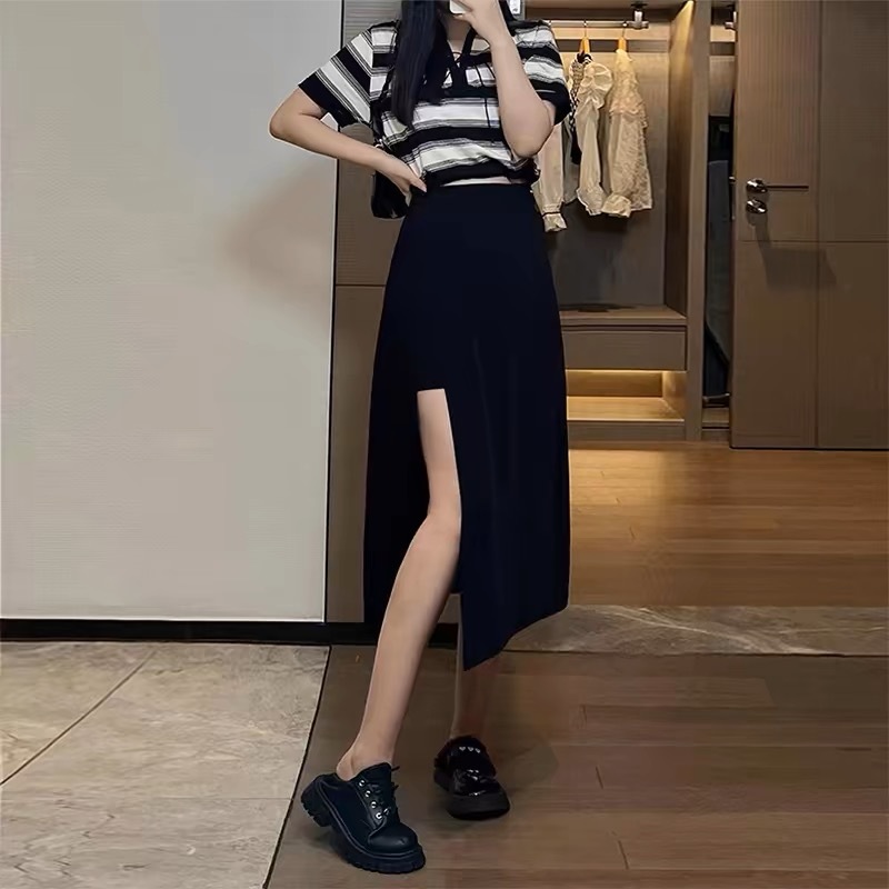 Black suit skirt for women summer new style slit A-line mid-length skirt plus size fat mm slimming high-waisted culottes