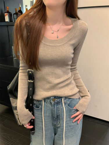 Autumn Korean version slimming u-neck temperament slimming 6 wool versatile sweater long-sleeved bottoming top