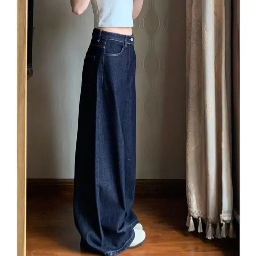 Dark blue petite wide-leg jeans for women in summer retro loose slimming high-waisted straight casual floor-length trousers