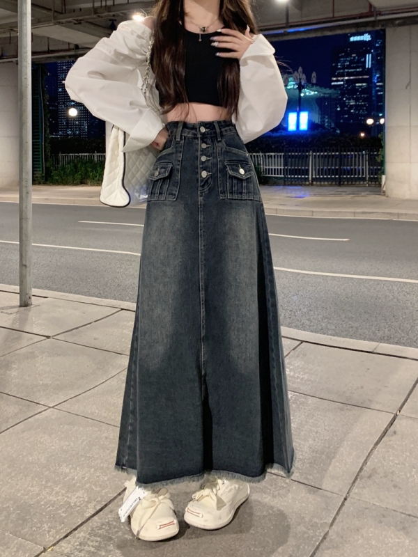 Denim midi skirt with design, buttoned and raw edges, A-line skirt