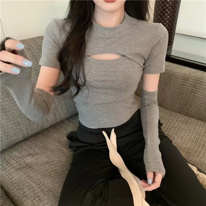 Pure Desire Sweet Hot Girl Sexy Hollow Short Top Design Niche High-Level Sleeve Short Sleeve T-shirt Women's Autumn
