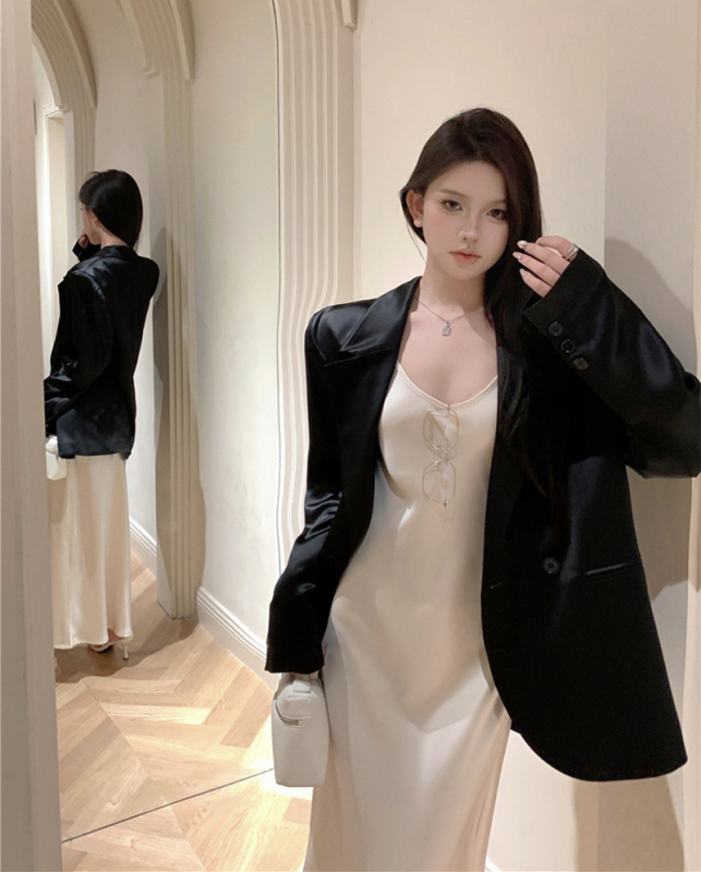 Retro sexy big U-neck acetate satin suspender waist dress + casual loose suit jacket for women