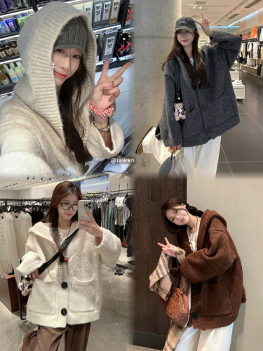 Korean Dongdaemun lazy style hooded knitted cardigan sweater jacket autumn and winter new style