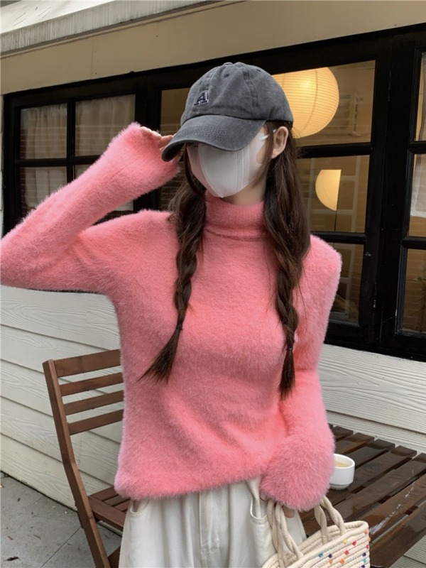 Plush soft and waxy white turtleneck knitted sweater autumn and winter new long-sleeved bottoming shirt top