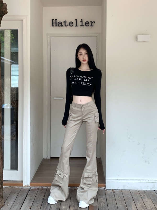 Korean style monogram short top + low waist rest workwear floor mopping flared trousers