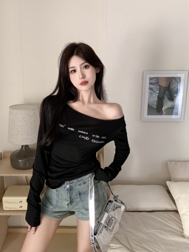 Sexy pure lust style letter printed thin one-line off-shoulder long-sleeved T-shirt women's sun protection top