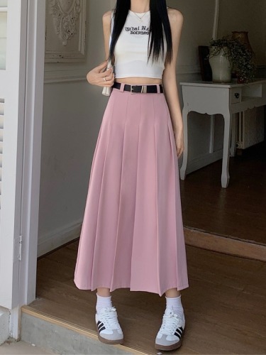 New gray high-waisted pleated skirt, mid-length A-line crotch-covering umbrella skirt with stylish design