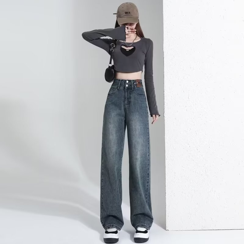 Straight-leg jeans for women new spring and autumn high-waisted, slim and slim design wide-leg pants