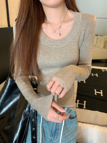 Autumn Korean version slimming u-neck temperament slimming 6 wool versatile sweater long-sleeved bottoming top