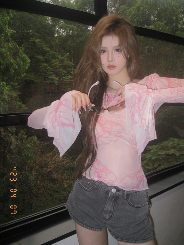 New niche design pink vascular mesh bottoming slim fit top