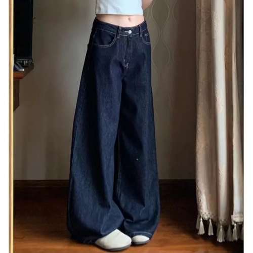 Dark blue petite wide-leg jeans for women in summer retro loose slimming high-waisted straight casual floor-length trousers