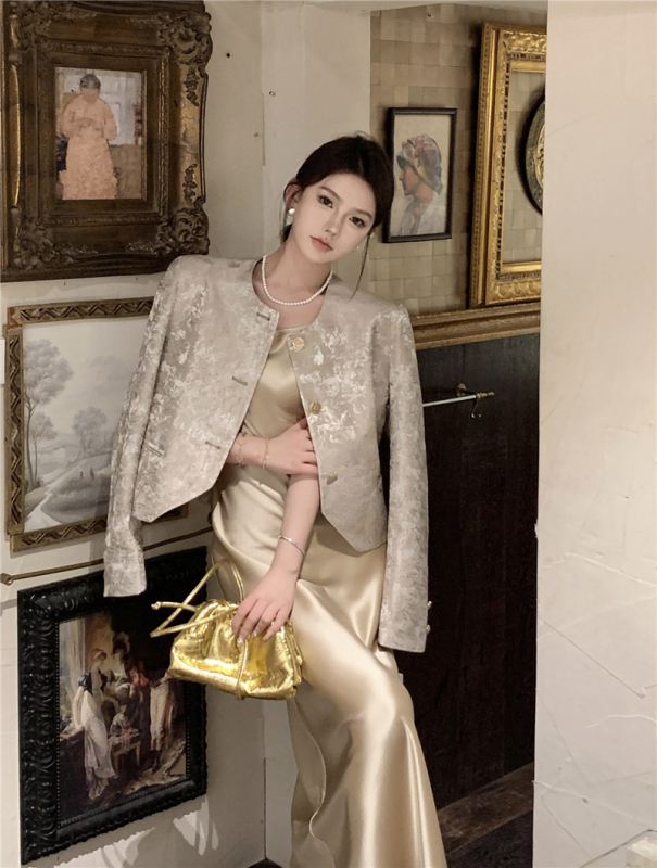 Autumn clothing Maillard wear jacquard small fragrant jacket + acetate satin slimming suspender dress for women