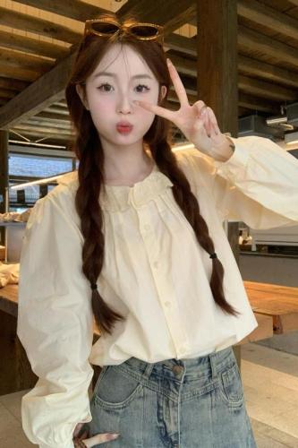 Korean style autumn top with sweet design, college style lace patchwork doll collar and versatile shirt