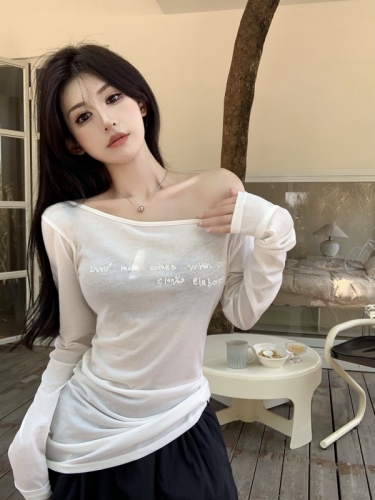 Sexy pure lust style letter printed thin one-line off-shoulder long-sleeved T-shirt women's sun protection top