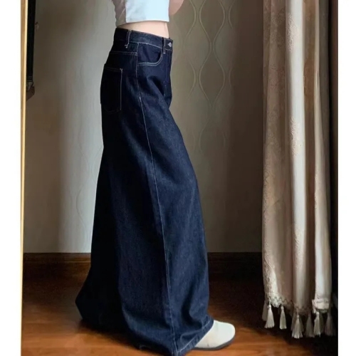 Dark blue petite wide-leg jeans for women in summer retro loose slimming high-waisted straight casual floor-length trousers