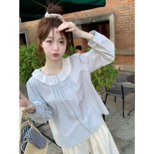 Korean style autumn top with sweet design, college style lace patchwork doll collar and versatile shirt