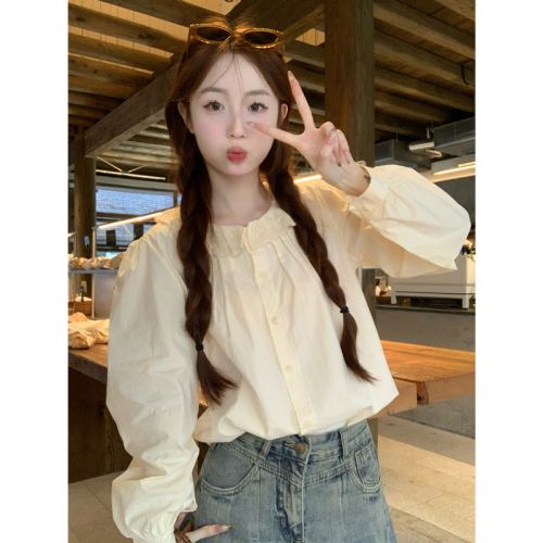 Korean style autumn top with sweet design, college style lace patchwork doll collar and versatile shirt