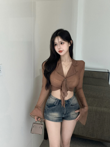 Mesh cardigan for women French hottie strappy bell sleeves see-through slimming short top