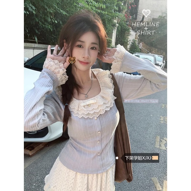 Long-sleeved t-shirt women's trendy 2024 spring and autumn lace decoration thin short style slim bottoming shirt round neck top