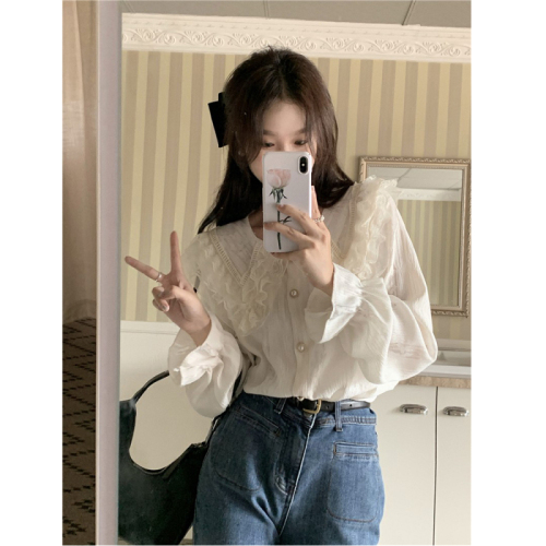 French style lace gentle and sweet long-sleeved shirt for women in autumn unique and unique bottoming shirt top
